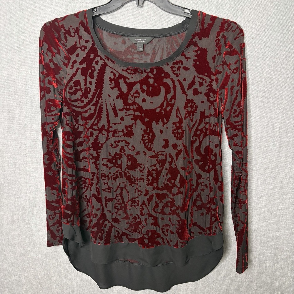 SIMPLY VERA WANG Velvet Burnout TOP M Red Black Whimsigoth Sheer Floral Goth